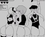  2b_(nier:automata) 3girls ass ass_focus callister cammy_white game_boy ghost_in_the_shell handheld_game_console highres kusanagi_motoko looking_at_viewer multiple_girls nier:automata nier_(series) pixel_art retro_artstyle score street_fighter 