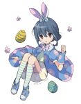  1girl animal_ears blue_hair cape easter easter_egg egg fake_animal_ears flower hair_bun happy_easter highres long_hair looking_at_viewer mint_(mintlemonade3) open_mouth purple_eyes rabbit_ears shima_rin shoes shorts socks solo white_background yurucamp 