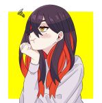  1girl black_hair blush border carmine_(pokemon) colored_inner_hair commentary_request crossed_bangs eyelashes hair_between_eyes head_rest highres long_hair mole mole_under_eye multicolored_hair outside_border pokemon pokemon_sv pout red_hair simple_background solo squiggle two-tone_hair upper_body white_border yellow_background yellow_eyes yu_(yyyhrz1) 