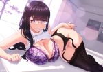  1girl absurdres black_thighhighs blunt_bangs bra breasts cleavage clothes_lift floral_print garter_belt glass grin highres indoors large_breasts long_hair looking_at_viewer lying nanahime navel no_panties on_bed on_side original purple_bra purple_eyes smile solo thighhighs underwear 