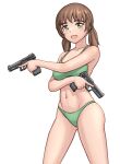  1girl absurdres bikini brown_hair commentary cowboy_shot dual_wielding green_bikini green_eyes gun hair_tie halterneck handgun highres holding holding_gun holding_weapon kzm_(sub-moa_works) looking_at_viewer low_twintails medium_hair minakami_sayaka navel open_mouth original simple_background smile solo standing swimsuit twintails weapon white_background 