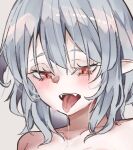  1girl collarbone commentary_request grey_background grey_hair kanaria_(bocmn) lowres open_mouth remilia_scarlet saliva short_hair simple_background slit_pupils solo tongue tongue_out touhou upper_body 