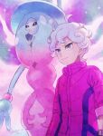  1boy asymmetrical_sleeves bede_(pokemon) bracelet closed_mouth coat curly_hair dated fon-due_(fonfon) grey_eyes grey_hair hatterene highres jewelry long_sleeves looking_ahead male_focus pokemon pokemon_(creature) pokemon_swsh purple_coat short_hair signature smile sparkle 