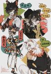  1girl 3boys aak_(arknights) arknights between_fingers black_hair black_hat cat_boy chinese_clothes dog_boy dragon_boy furry furry_female furry_male hair_over_one_eye highres holding horns hung_(arknights) kung_fu lee_(arknights) looking_back multiple_boys ofuda ofuda_between_fingers open_mouth pants pointy_ears red_horns round_eyewear sirakaro sitting slit_pupils tiger_girl tinted_eyewear waai_fu_(arknights) white_hair white_pants 
