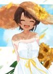  1girl :d ^_^ absurdres alternate_costume arms_behind_head black_hair bouquet closed_eyes collarbone dress flower hashtag-only_commentary hat highres holding holding_bouquet holding_flower hololive nonco_no oozora_subaru outdoors short_hair sleeveless sleeveless_dress smile solo spaghetti_strap straw_hat sun_hat sunflower upper_body virtual_youtuber white_dress 