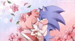  1boy 1girl amy_rose animal_ears artist_name blue_fur closed_eyes dress flower from_side furry furry_female furry_male gloves green_eyes hairband pink_flower pink_fur red_dress red_hairband scruffyart sleeveless sleeveless_dress sonic_(series) sonic_the_hedgehog tail white_gloves 