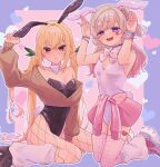  2girls animal_ears black_leotard blonde_hair breasts brown_eyes brown_sweater cleavage closed_mouth clothes_around_waist detached_collar fake_animal_ears fishnet_pantyhose fishnets gradient_hair hair_between_eyes hair_ornament hair_ribbon hairclip hands_up heart highres inda_karane kedarui_aashii kimi_no_koto_ga_dai_dai_dai_dai_daisuki_na_100-nin_no_kanojo kneeling leg_warmers leotard long_hair multicolored_background multicolored_hair multiple_bracelets multiple_girls off-shoulder_sweater off_shoulder oknomyk open_mouth pantyhose pink_background pink_hair pink_leotard pink_sweater purple_background purple_eyes rabbit_ears ribbon sitting small_breasts sweater sweater_around_waist thighhighs twintails very_long_hair wariza 