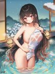  1girl :o absurdres areola_slip arme_(cgsy7484) breasts brown_hair collarbone commission covering_privates hair_between_eyes highres korean_commentary light long_hair looking_at_viewer mountain naked_towel navel night onsen open_mouth original petals petals_on_liquid red_eyes sidelocks snow standing thighs towel tree very_long_hair wading 