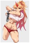  1girl abs absurdres blonde_hair breasts buruma chain clothes_lift commentary_request cowboy_shot cuffs fugaku_(miko_no_miyatsuguchi) gym_shirt gym_uniform highres horns hoshiguma_yuugi large_breasts lifted_by_self long_hair looking_at_viewer muscular muscular_female oni pointy_ears ponytail red_buruma red_eyes red_horns shackles shirt shirt_lift short_sleeves simple_background single_horn solo star_(symbol) touhou underboob 