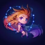  1girl :3 bare_shoulders bracelet braid chibi dated full_body highres jewelry league_of_legends long_hair multicolored_hair orange_hair purple_eyes scarf shirt shoes shorts side_braid single_braid solo sparkle translation_request very_long_hair zoe_(league_of_legends) ztdlb 