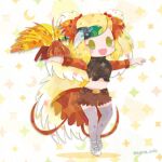  1girl animal bird bird_girl bird_tail bird_wings blonde_hair feathered_wings full_body greater_bird-of-paradise_(kemono_friends) head_wings kemono_friends kikuchi_milo long_hair looking_at_viewer multicolored_hair shoes shorts simple_background sweater tail thighhighs wings yellow_eyes 
