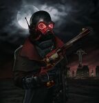  1boy absurdres angusburgers belt bracer bulletproof_vest cityscape cloud cloudy_sky desert duster fallout_(series) fallout_new_vegas gas_mask gloves glowing glowing_eyes gun helmet highres looking_at_viewer mask moon ncr ncr_veteran_ranger night night_sky raised_eyebrows red_eyes revolver sky torn_clothes weapon 