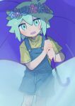  1boy antenna_hair aqua_background basil_(headspace)_(omori) basil_(omori) blue_flower blue_overalls blue_rose blush buttons child chromatic_aberration flower green_eyes green_hair green_shirt head_wreath highres holding holding_umbrella leaf looking_at_viewer omori open_mouth overall_shorts overalls pink_flower purple_flower purple_rose purple_umbrella rose shirt short_hair short_sleeves smile solo sr_ld_fr umbrella 