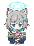  1girl :&lt; achilles_(yosshyachillesd) animal_ear_fluff animal_ears black_jacket blazer blue_archive blue_eyes blue_halo blue_scarf blush bouquet closed_mouth cross_hair_ornament extra_ears flower grey_hair hair_ornament halo highres holding holding_bouquet jacket long_sleeves looking_at_viewer medium_hair mismatched_pupils pink_flower scarf shiroko_(blue_archive) shiroko_(young)_(blue_archive) simple_background solo upper_body white_background wolf_ears 