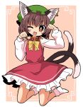  1girl ;3 ;d animal_ear_fluff animal_ear_piercing animal_ears azumi_haruhito blush_stickers bow bowtie bright_pupils brown_eyes brown_hair cat_ears cat_tail chen commentary_request dress earrings fang flat_chest frills full_body gold_trim hands_up hat highres jewelry kneeling long_sleeves looking_at_viewer mob_cap multiple_tails nekomata one_eye_closed open_mouth paw_pose petticoat puffy_long_sleeves puffy_sleeves red_dress red_skirt red_vest short_hair simple_background single_earring skirt skirt_set smile solo tail touhou two_tails v-shaped_eyebrows vest white_pupils yellow_bow yellow_bowtie 
