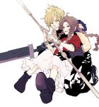  1boy 1girl absurdres aerith_gainsborough arm_around_waist armor bangle black_pants blonde_hair blue_eyes boots bracelet braid braided_ponytail brown_footwear brown_hair buster_sword cloud_strife colored_eyelashes couple cropped_jacket demi_co dress final_fantasy final_fantasy_vii final_fantasy_vii_rebirth final_fantasy_vii_remake full_body green_eyes hair_between_eyes hair_ribbon hetero highres holding holding_staff holding_sword holding_weapon jacket jewelry light_blush long_dress long_hair on_one_knee open_mouth pants parted_bangs parted_lips pink_dress pink_ribbon red_jacket ribbon shirt short_hair short_sleeves shoulder_armor sidelocks single_bare_shoulder single_braid single_shoulder_pad sleeveless sleeveless_shirt smile spiked_hair staff sweatdrop sword wavy_hair weapon white_background 