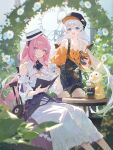  2girls ascot bare_shoulders black_ascot black_overalls blue_eyes blurry blurry_background blush book breasts cleavage cleavage_cutout clothing_cutout commentary_request cup depth_of_field detached_sleeves disposable_cup dress elysia_(honkai_impact) flower frilled_dress frills hat highres holding holding_book holding_cup honkai_(series) honkai_impact_3rd kiana_kaslana korean_commentary large_breasts long_sleeves looking_at_viewer low_twintails modare mug multiple_girls off-shoulder_shirt off_shoulder open_book open_mouth orange_skirt overall_shorts overalls paw_print peaked_cap pink_hair puffy_long_sleeves puffy_sleeves purple_eyes shirt sitting skirt smile strap_slip twintails white_dress white_flower white_hair white_hat 