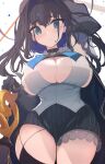  1girl black_gloves blue_eyes blue_hair bow bow_earrings breasts clothing_cutout detached_sleeves earrings gloves hair_intakes holly_(ruptonotty) hololive hololive_english jewelry large_breasts looking_at_viewer ouro_kronii ouro_kronii_(1st_costume) short_hair solo thick_thighs thighs underboob_cutout virtual_youtuber 