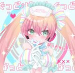  1girl ascot beatmania_iidx blue_ascot blue_background blue_eyes blush candy commentary covering_own_mouth food gloves hair_between_eyes hat headphones highres long_bangs long_hair looking_at_viewer mizutamari_(lbsbdpsp) nurse_cap pink_hair shirt solo sparkle striped_clothes striped_shirt symbol-only_commentary twintails upper_body white_gloves white_shirt wrapped_candy yamashina_shizuku 