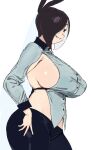  1girl absurdres armpit_crease black_eyes black_hair black_pants blue_shirt breasts collared_shirt commentary contrapposto cowboy_shot curvy english_commentary from_side grin hair_over_one_eye highres large_breasts li_(whoopsatro) long_sleeves looking_at_viewer one_eye_covered original pants shirt short_hair sideboob sideless_shirt sideways_glance simple_background smile solo white_background whoopsatro 