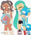  2girls :/ :o agent_8_(splatoon) animal animal_hug asymmetrical_hair bike_shorts black_shorts blue_choker blue_hair blunt_bangs blush_stickers bodysuit boots braid brown_hair choker closed_mouth collarbone commentary_request dark-skinned_female dark_skin detached_sleeves earrings feet_out_of_frame highres holding holding_animal inkling_girl inkling_player_character jellyfish_(splatoon) jewelry kiirono long_hair loose_socks midriff_peek multiple_girls no_nose octoling_girl octoling_player_character parted_lips pointy_ears raised_eyebrow see-through see-through_sleeves shirt shorts single_braid single_earring single_sleeve sleeveless sleeveless_bodysuit socks splatoon_(series) splatoon_3 splatoon_3:_side_order suction_cups tentacle_hair torn_clothes torn_shirt twitter_username very_long_hair white_background white_bodysuit white_footwear white_shirt white_socks yellow_eyes 