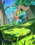  claws closed_eyes closed_mouth commentary_request day enrike_(enrique_mr_blue) fangs fangs_out grass highres ivysaur no_humans outdoors plant pokemon pokemon_(creature) sky solo vines 