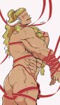  1boy absurdres ass bara blonde_hair blush bound bound_arms braid cowboy_shot curled_horns from_side head_tilt highres horns jack_(one_piece) large_pectorals long_hair looking_at_viewer looking_to_the_side male_focus manboobs mouth_hold muscular muscular_male naked_ribbon obliques one_piece pectorals ponytail red_ribbon ribbon solo wodon_(neotidon) 