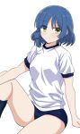  1girl blue_buruma blue_hair blue_shorts blue_socks blush bocchi_the_rock! breasts buruma commentary gym_shirt gym_uniform hair_ornament hairclip highres knee_up looking_at_viewer medium_breasts ponzu_rui sad shirt short_shorts shorts sitting socks sportswear t-shirt white_shirt yamada_ryo yellow_eyes 