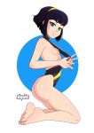 1girl :d absurdres adjusting_clothes adjusting_swimsuit aqua_eyes artist_name ass backless_swimsuit barefoot black_hair black_one-piece_swimsuit blue_background blunt_bangs blunt_ends bob_cut body_freckles breasts circle clothes_pull commentary commission dude-doodle english_commentary feet freckles from_side full_body furrowed_brow grin hairband halterneck highleg highleg_swimsuit highres inverted_bob kasia_mikolajczyk kneeling looking_at_viewer looking_to_the_side naughty_face nipples one-piece_swimsuit one-piece_swimsuit_pull original parted_lips pulled_by_self short_hair sideboob signature small_breasts smile soles solo swimsuit toes two-tone_swimsuit white_background yellow_hairband yellow_one-piece_swimsuit 
