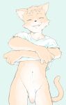 2024 5_fingers anthro balls blue_background bottomless bottomless_male clothed clothing domestic_cat eyes_closed felid feline felis fingers flaccid genitals hair happy hi_res male mammal navel open_mouth penis simple_background solo teeth tetsurock undressing_self