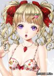  2020 :o artist_name blonde_hair bow bow_bra bra breasts commentary_request curly_hair eyebrows_hidden_by_hair food-themed_hair_ornament food_print hair_bow hair_ornament hairclip hand_in_own_hair highres jewelry mito_amatsu necklace open_mouth original pink_nails plaid plaid_bow purple_eyes red_bow small_breasts strawberry_hair_ornament strawberry_print twintails underwear white_bra 
