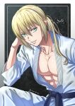 1boy abs bishounen blonde_hair commentary_request dated dougi elbow_rest eyebrows_hidden_by_hair green_eyes highres imai_cosmo karate_gi kengan_(series) kengan_omega large_pectorals long_hair male_focus mito_amatsu parted_lips pectorals sign smile solo twitter_username 