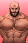  1boy abs absurdres avatar:_the_last_airbender avatar_legends bald bara beard combustion_man_(avatar) doctor_anfelo facial_hair facial_mark forehead_mark full_beard gradient_background hairy highres large_areolae large_pectorals looking_at_viewer male_focus mature_male muscular muscular_male navel navel_hair nipples pectorals pink_background solo sparse_navel_hair stomach straight-on strongman_waist thick_beard thick_chest_hair thick_eyebrows upper_body 