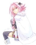  1boy astolfo_(fate) black_bow black_thighhighs bow braid cape closed_mouth cropped_legs dated fate/apocrypha fate_(series) fon-due_(fonfon) hair_between_eyes invisible_chair long_hair looking_at_viewer looking_back male_focus otoko_no_ko pink_eyes pink_hair signature sitting smile solo thighhighs white_cape white_footwear 
