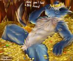 2024 abs absurd_res anthro arm_tuft blue_body blue_eyes blue_fur cave coin crown dialogue diamond_(gem) digital_media_(artwork) digital_painting_(artwork) dragon english_text fingers fluffy fur furred_dragon galma gem gold_(metal) gold_coin gold_jewelry headgear hi_res hoard horn jewelry lying male muscular muscular_male mythological_creature mythological_scalie mythology on_back open_mouth painting_(artwork) ruby_(gem) scalie shaded shoulder_tuft signature sitting solo tail text tongue tongue_out traditional_media_(artwork) treasure tuft url white_body white_fur