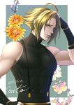  1boy adelheid_bernstein black_gloves blonde_hair commentary covered_abs dated fingerless_gloves flower gloves hand_on_own_head hand_on_own_hip male_focus mito_amatsu muscular muscular_male pectorals profile red_eyes signature sleeveless sleeveless_turtleneck solo the_king_of_fighters turtleneck upper_body veins 