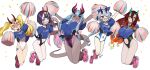  5girls blue_hair cheerleader clothing_cutout colored_inner_hair covered_navel dark-skinned_female dark_skin fate/grand_order fate_(series) gradient_hair highres horns ibaraki_douji_(fate) ibuki_douji_(fate) kijo_kouyou_(fate) leotard monkey_jon multicolored_hair multiple_girls orange_hair pink_hair pom_pom_(cheerleading) purple_hair red_hair shirt shoes shuten_douji_(fate) sneakers stomach_cutout tail tied_shirt tomoe_gozen_(fate) twintails 