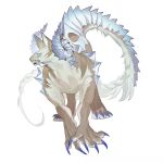  blue_eyes blue_horns brown_fur chinese_commentary claws clenched_teeth commentary_request full_body fur-tipped_tail horns looking_to_the_side monster no_humans original sharp_teeth shirt solid_eyes solo standing teeth tusks white_background yulei_yuuuuu 