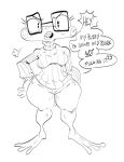 2023 amphibian anthro black_and_white bodily_fluids bottomless bottomless_anthro bottomless_female braces breasts chia_spritz_(mhdrawin) clothed clothing curvy_figure dialogue english_text eyelashes eyewear feet female frog genital_fluids genitals glasses hi_res looking_at_viewer membrane_(anatomy) mhdrawin monochrome open_mouth profanity pussy sketch solo sweater talking_to_viewer text thick_thighs toes topwear vaginal_fluids webbed_feet wide_hips