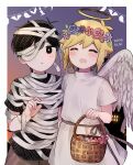  2boys aged_down angel_wings antenna_hair bandage_over_one_eye bandaged_head bandages bandages_over_clothes basil_(faraway)_(omori) basil_(omori) basket black_eyes black_hair black_shirt blonde_hair blue_flower blue_rose blush border bright_pupils brown_shorts child closed_eyes dated dress fake_halo feathered_wings fingernails flower gradient_background griffin333 hair_behind_ear hair_between_eyes halloween halo head_wreath highres holding holding_basket leaf looking_at_viewer multiple_boys official_alternate_costume omori open_mouth orange_background orange_pupils parted_lips pink_flower pink_rose purple_background purple_flower red_flower rope rose shirt short_hair short_sleeves shorts simple_background smile sunny_(omori) turtleneck turtleneck_dress white_border white_dress white_wings wings yellow_halo 