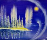  blue_background blue_sky blue_theme island mizukiteiko8 no_humans original painting_(medium) pine_tree reflection reflective_water sky sun traditional_media tree water 