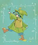  1girl antennae bag boots brown_footwear cape green_eyes green_hair hat highres holding holding_stick leaf leaf_hat_ornament mokumoku22 open_mouth raincoat short_hair smile solo star_(symbol) stick touhou water_drop witch_hat wriggle_nightbug 