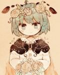  1girl antennae black_cape brown_background cape fireflies flower green_eyes green_hair hair_flower hair_ornament holding holding_flower light_smile lowres mokumoku22 short_hair smile solo touhou two-sided_cape two-sided_fabric upper_body wriggle_nightbug 