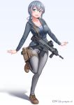  1girl absurdres artist_name assault_rifle blue_eyes blue_shirt brown_footwear commentary_request fn_scar full_body gradient_background grey_hair grey_hoodie grey_pants gun hair_tie highres holster holstered hood hood_down hoodie kzm_(sub-moa_works) leg_up long_sleeves looking_at_viewer low_twintails medium_hair open_mouth original pants partial_commentary partially_unzipped rifle shadow shirt shoes smile sneakers solo standing standing_on_one_leg thigh_holster twintails twitter_username weapon 