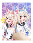  &gt;_&lt; 2girls animal_collar animal_ear_fluff animal_ears artist_name bandaid bandaid_hair_ornament black_collar blonde_hair blue_background blue_hair blue_hairband blush border breasts center_frills cleavage_cutout closed_eyes clothing_cutout collar commentary crossed_bangs dog_ears dog_girl dog_tail double-parted_bangs dress fake_horns flat_chest frilled_shirt_collar frills fuwawa_abyssgard fuwawa_abyssgard_(1st_costume) gradient_background hair_intakes hair_ornament hairband hairclip highres hololive hololive_english horns kraeyan large_breasts long_hair long_sleeves looking_at_viewer mococo_abyssgard mococo_abyssgard_(1st_costume) multicolored_background multicolored_hair multiple_girls open_mouth outline paw_print paw_print_background pink_background pink_eyes pink_hair pink_hairband shirt short_hair siblings single_bare_shoulder single_off_shoulder sisters smile spiked_collar spikes streaked_hair t-shirt tail twins upper_body virtual_youtuber white_border white_dress white_outline white_shirt x_hair_ornament 