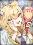  1girl animal_ears arknights blonde_hair blurry blurry_background fake_animal_ears food holding holding_food jacket long_sleeves looking_at_viewer memetaroh one_eye_closed open_clothes open_jacket open_mouth puffy_long_sleeves puffy_sleeves purple_eyes smile solo upper_body utage_(arknights) white_jacket 