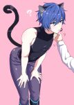  1boy ? akiyoshi_(tama-pete) animal_ears blue_eyes blue_hair blue_nails cat_boy cat_ears cat_tail closed_mouth from_side hand_on_another&#039;s_chin hands_on_own_knees kaito_(vocaloid) leaning_forward looking_at_another male_focus pants pink_background purple_pants short_hair simple_background sleeveless sleeveless_turtleneck stroking_another&#039;s_chin tail turtleneck vocaloid 