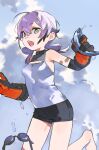  bandaid bare_legs blue_sky cascadia_(neural_cloud) cloud cloudy_sky fish folded_twintails girls&#039;_frontline_neural_cloud gloves green_eyes ierotak low_twintails mole mole_under_eye open_mouth orange_gloves purple_hair sharp_teeth sky swim_goggles swimsuit teeth twintails water_drop work_gloves 