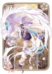  1girl :d absurdres araragi_soushi bent_over blue_hair brown_background colored_inner_hair feathered_wings full_body gourd harpy highres monster_girl multicolored_hair original see-through see-through_sleeves smile solo standing talons tassel white_hair white_wings wings yellow_eyes 