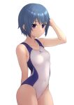  1girl absurdres alice_gear_aegis blue_hair breasts competition_swimsuit covered_navel cowboy_shot highres hutokumi one-piece_swimsuit purple_eyes short_hair simple_background small_breasts solo standing swimsuit takanashi_rei two-tone_swimsuit white_background white_one-piece_swimsuit 